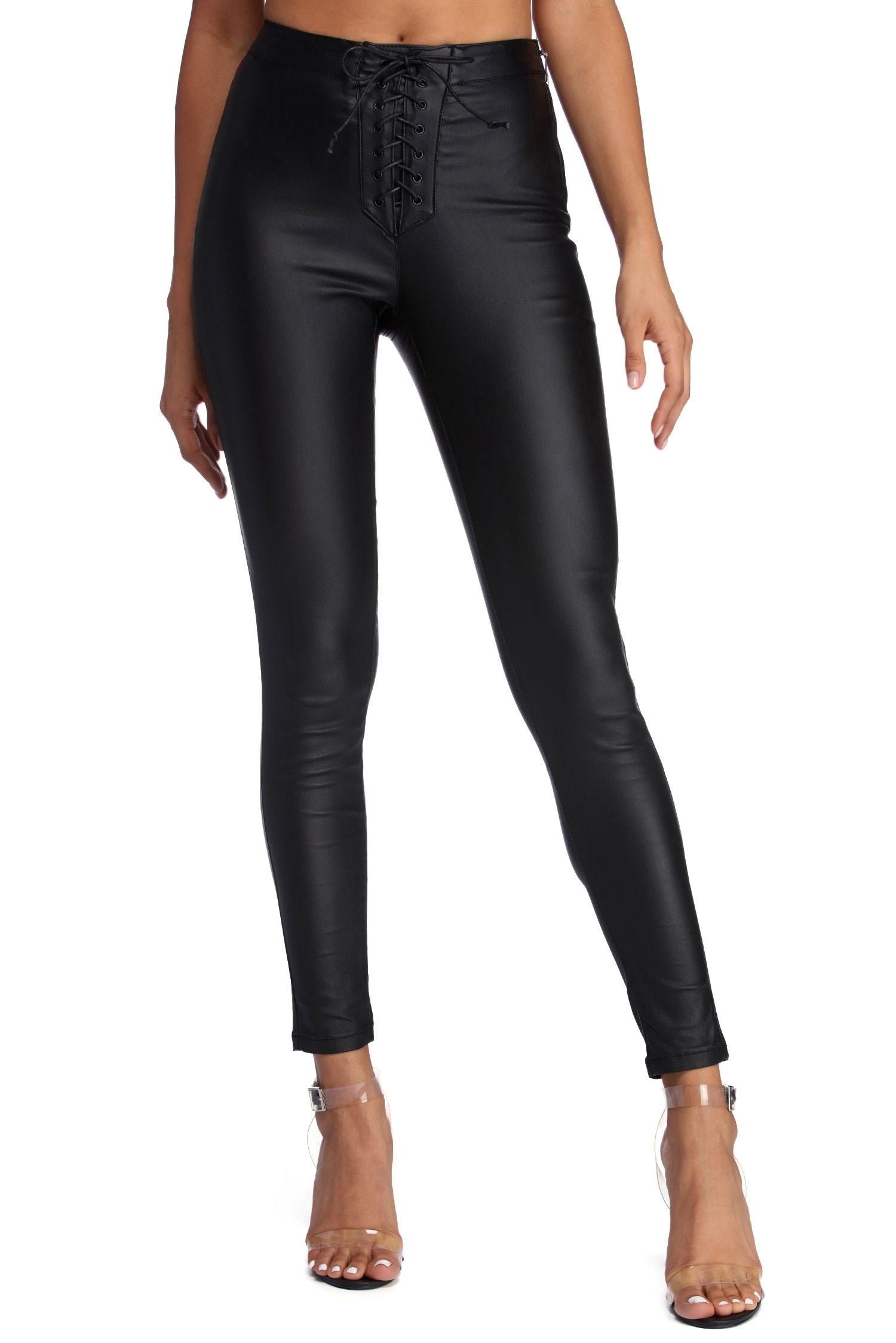Lace Up PU Pants - Lady Occasions