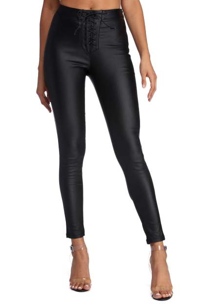 Lace Up PU Pants - Lady Occasions