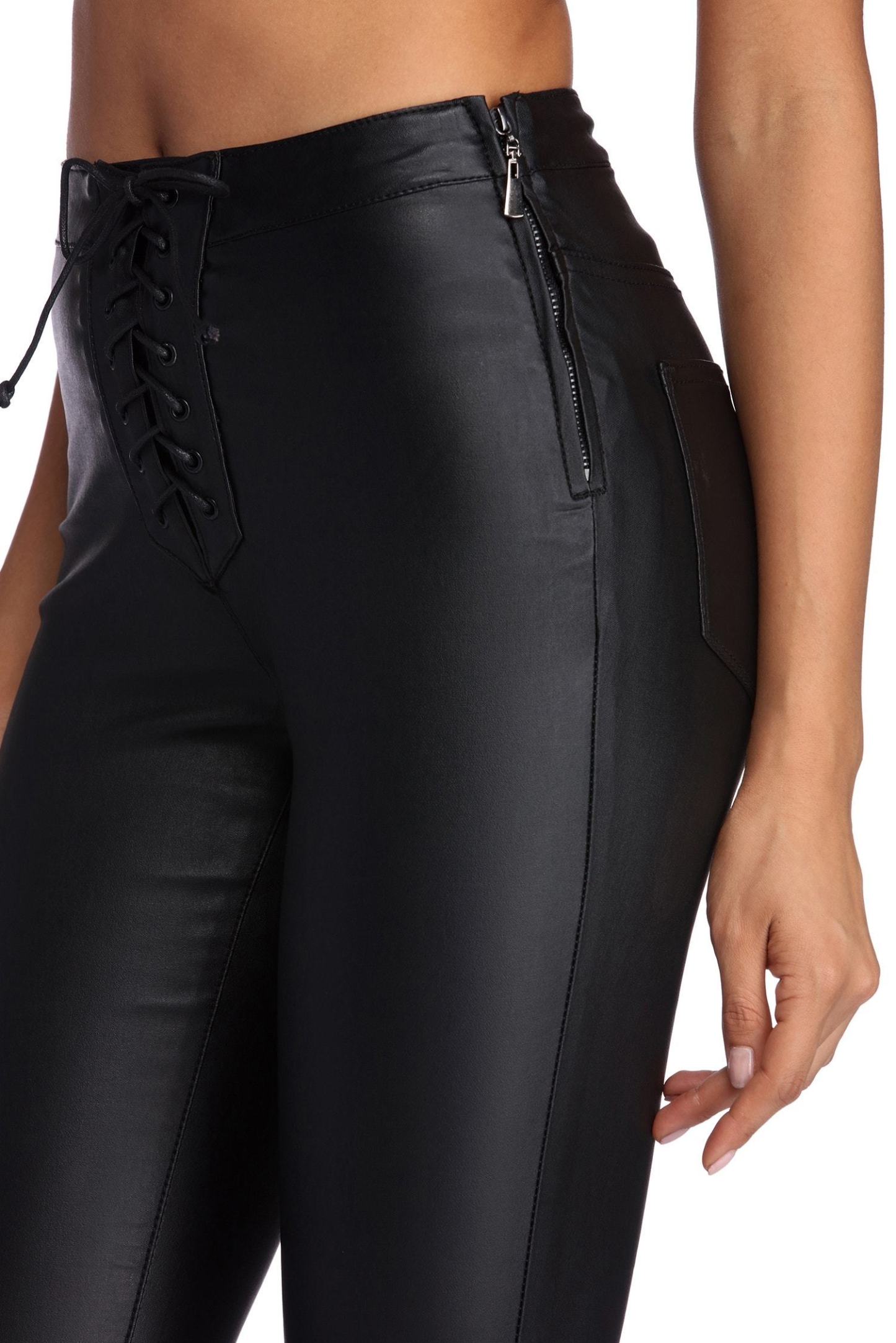 Lace Up PU Pants - Lady Occasions