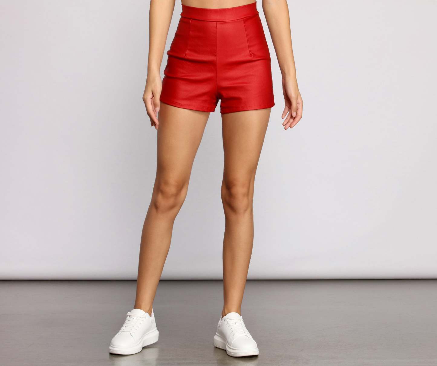 High Waist Coated Faux Leather Shorts - Lady Occasions