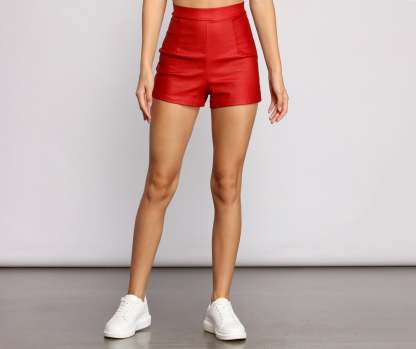 High Waist Coated Faux Leather Shorts - Lady Occasions