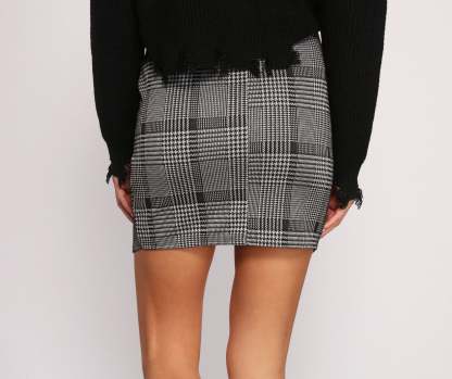 High Waist Houndstooth Wrap Mini Skirt - Lady Occasions