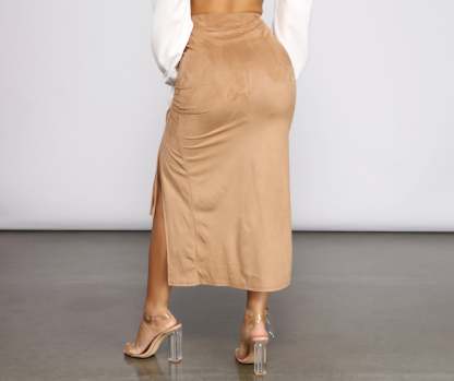 Faux Suede High Waist Ruched Midi Skirt - Lady Occasions