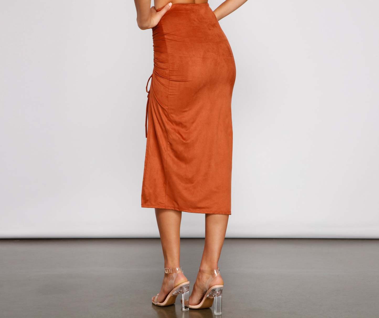 Faux Suede High Waist Ruched Midi Skirt - Lady Occasions