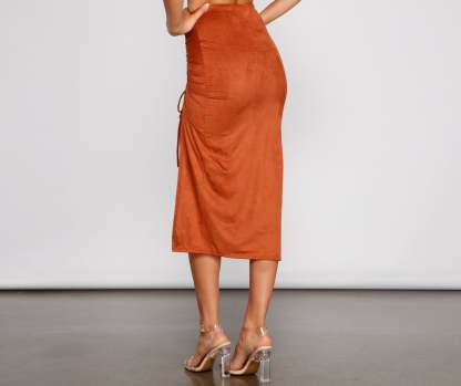 Faux Suede High Waist Ruched Midi Skirt - Lady Occasions