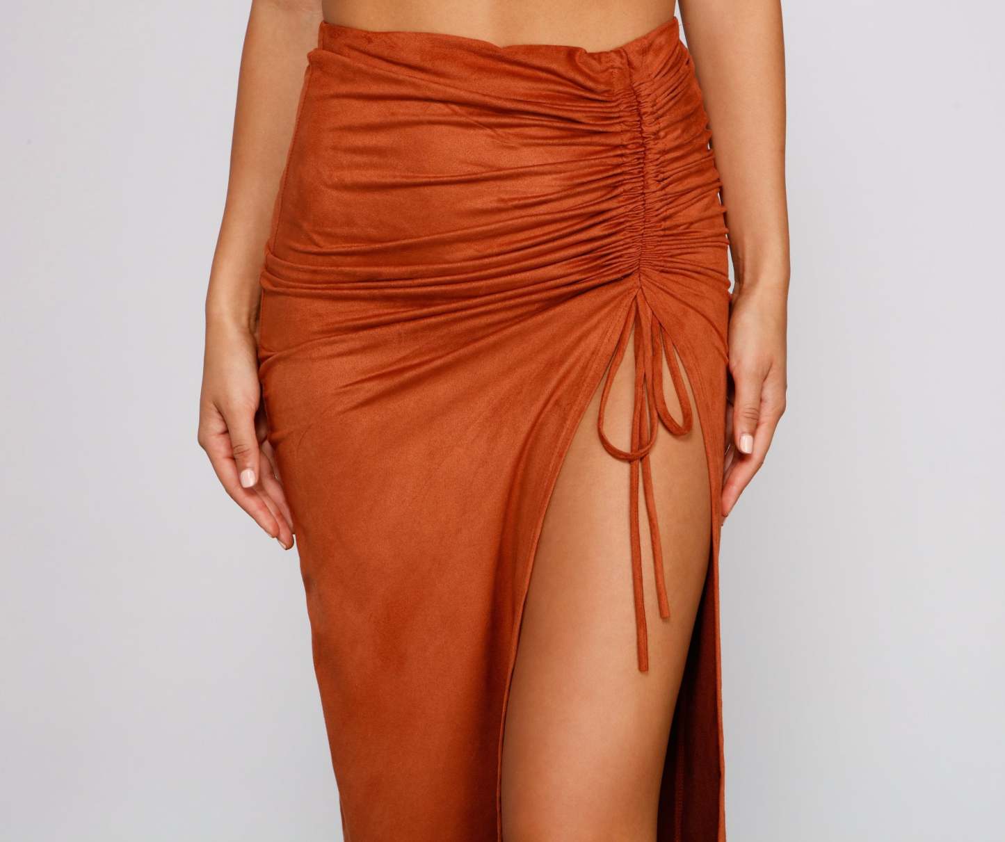 Faux Suede High Waist Ruched Midi Skirt - Lady Occasions