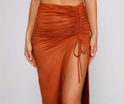 Faux Suede High Waist Ruched Midi Skirt - Lady Occasions