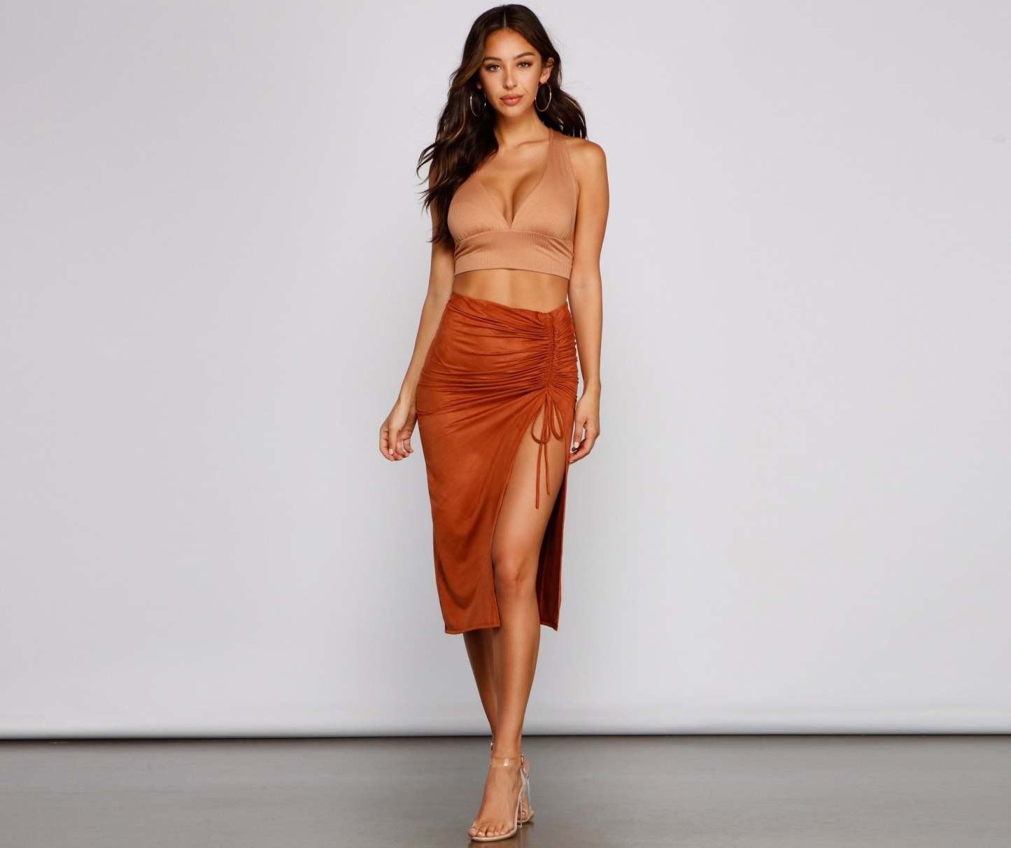 Faux Suede High Waist Ruched Midi Skirt - Lady Occasions
