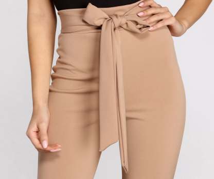 High Rise Tie Waist Skinny Pants - Lady Occasions