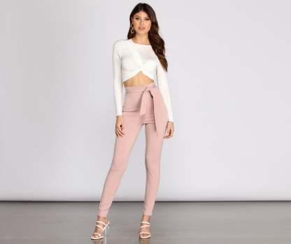 High Rise Tie Waist Skinny Pants - Lady Occasions