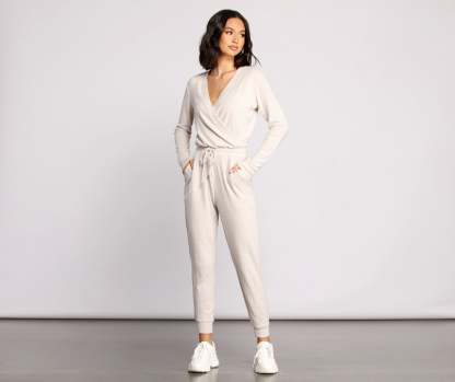 Feeling Casual Ribbed Surplice Jumpsuit - Lady Occasions