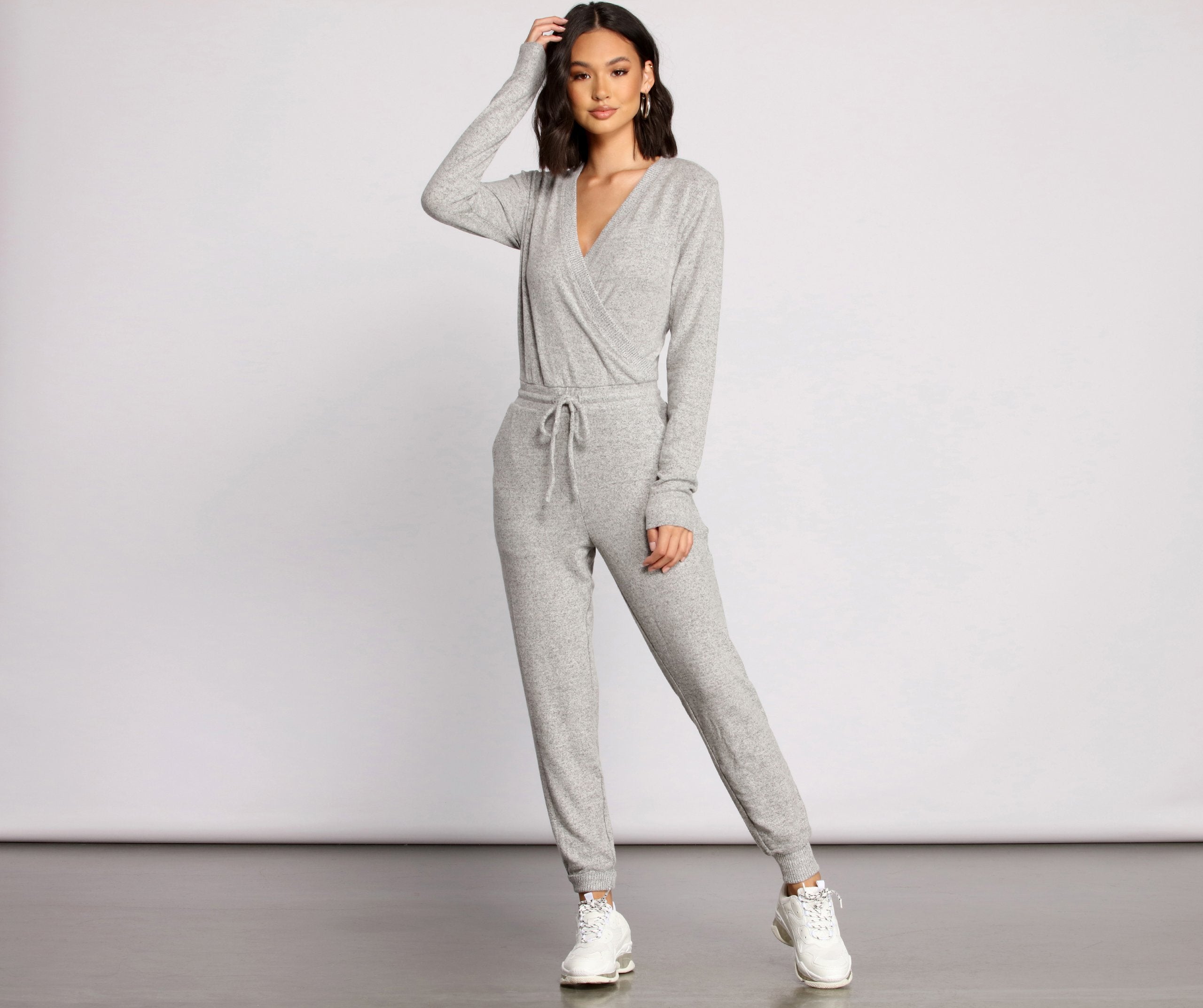 Feeling Casual Ribbed Surplice Jumpsuit - Lady Occasions
