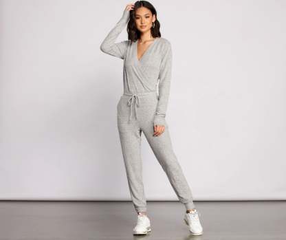 Feeling Casual Ribbed Surplice Jumpsuit - Lady Occasions