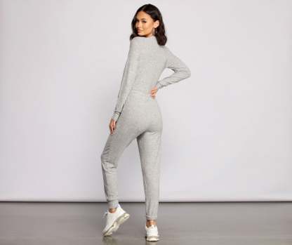 Feeling Casual Ribbed Surplice Jumpsuit - Lady Occasions