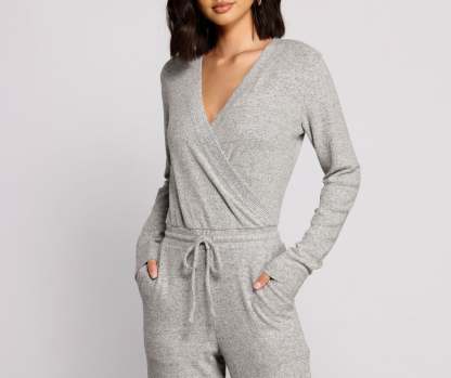 Feeling Casual Ribbed Surplice Jumpsuit - Lady Occasions