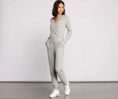 Feeling Casual Ribbed Surplice Jumpsuit - Lady Occasions