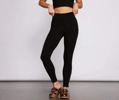 High Waist Basic Ribbed Knit Leggings - Lady Occasions