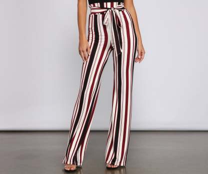 Striped And Stylish Tie-Waist Pants - Lady Occasions