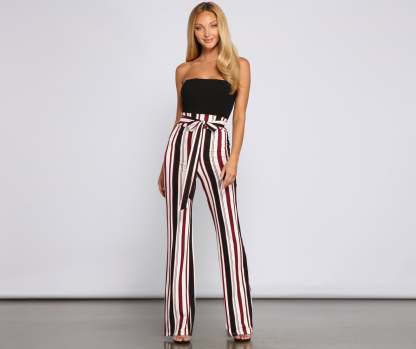 Striped And Stylish Tie-Waist Pants - Lady Occasions