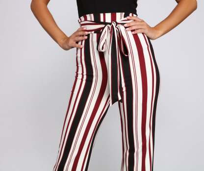 Striped And Stylish Tie-Waist Pants - Lady Occasions