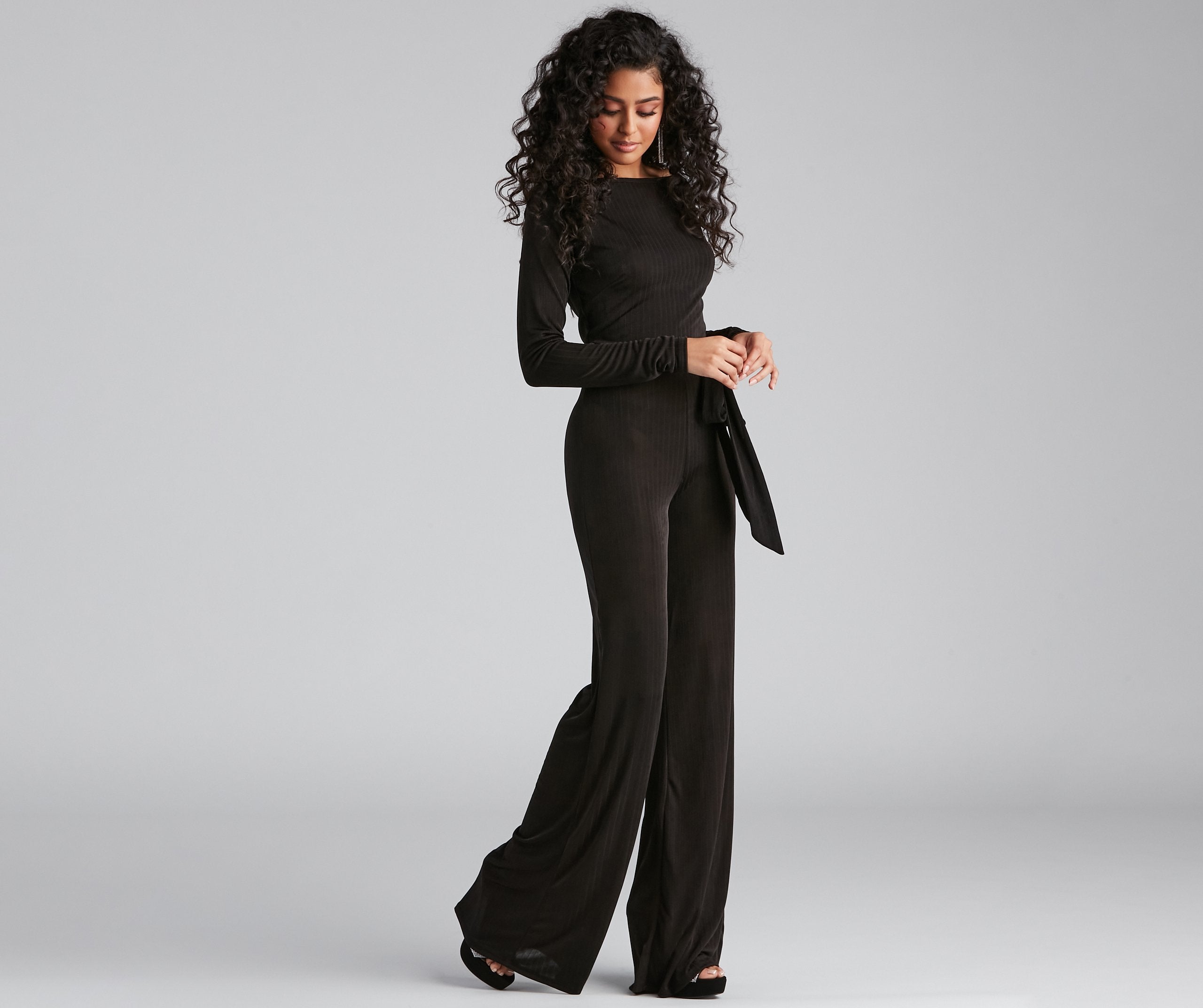 High Fashion Tie Waist Wide-Leg Jumpsuit - Lady Occasions
