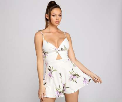 Flirty Floral Twist-Front Romper - Lady Occasions