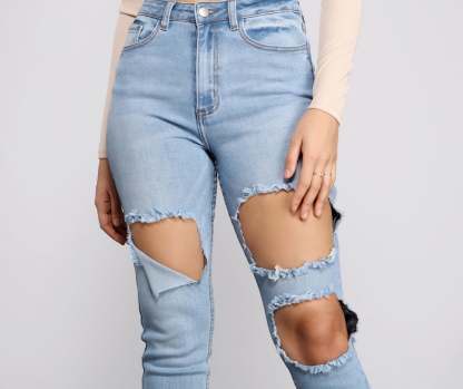 High Waist Trendy Cut Out Skinny Jeans - Lady Occasions