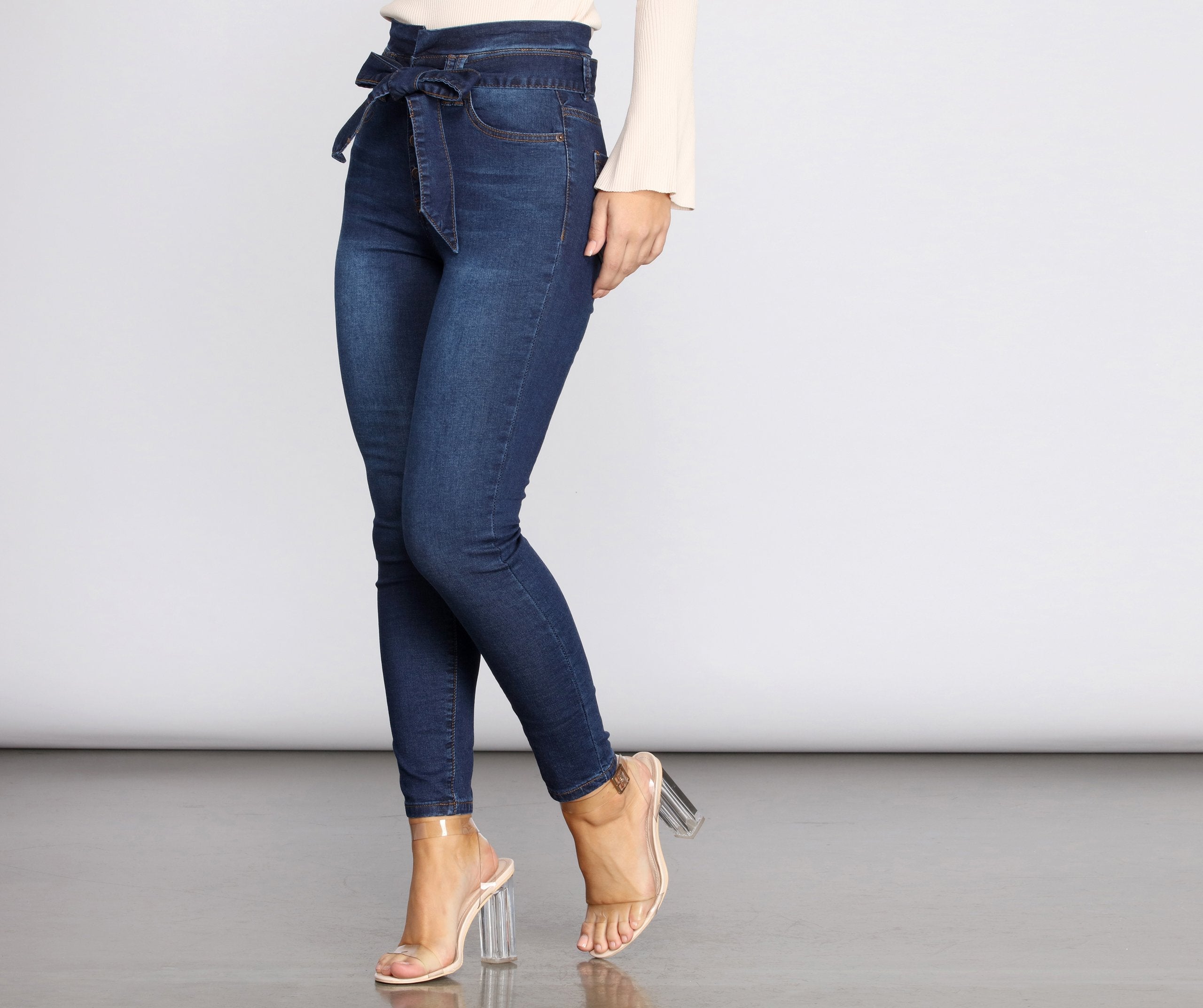 High Rise Paper Bag Skinny Jeans - Lady Occasions