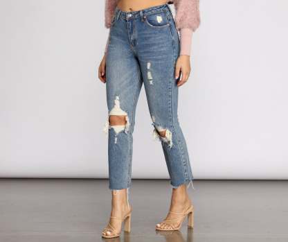 High Waist Distressed Denim Pants - Lady Occasions