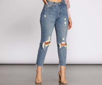 High Waist Distressed Denim Pants - Lady Occasions