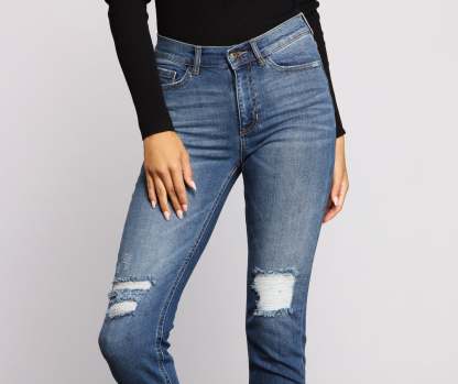 High Rise Knee Slit Skinny Jeans - Lady Occasions
