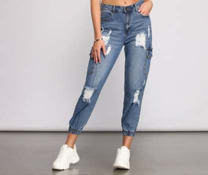 High Rise Destructed Cargo Joggers - Lady Occasions