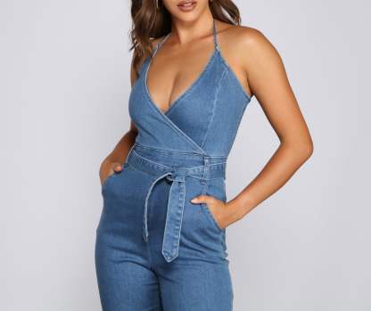 Denim Diva Halter Jumpsuit - Lady Occasions