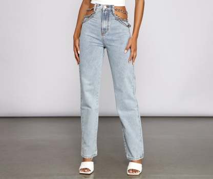 High-Rise Chic Chain Waist Boyfriend Jeans - Lady Occasions