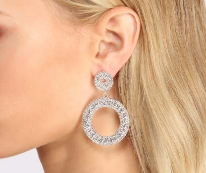 Make It Shine Silver Rhinestone Circular Drop Earrings - Lady Occasions