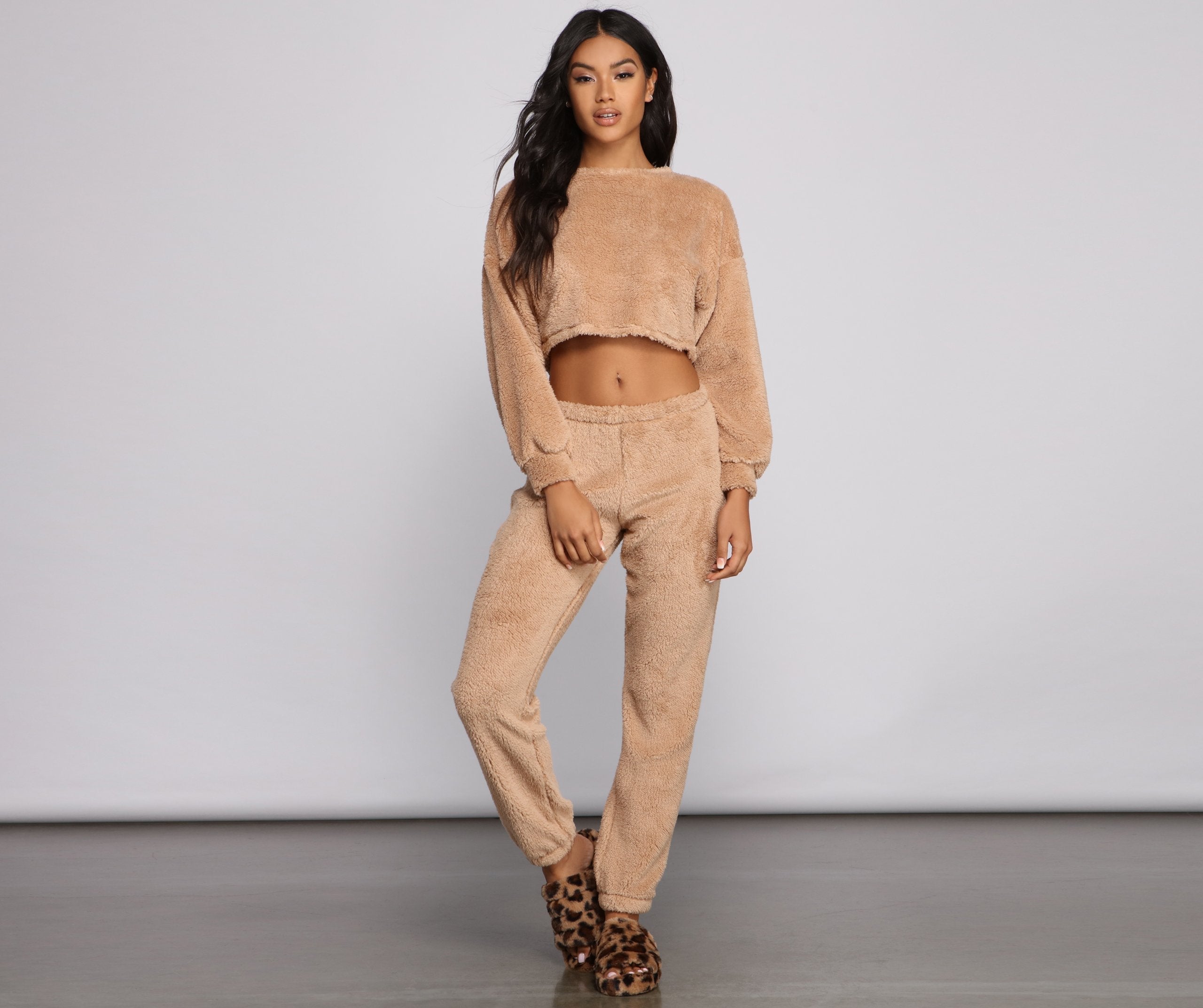 Cozy Cutie Sherpa Pajama Crop Top - Lady Occasions