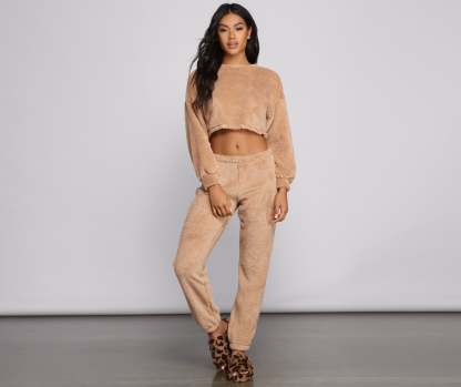 Cozy Cutie Sherpa Pajama Crop Top - Lady Occasions