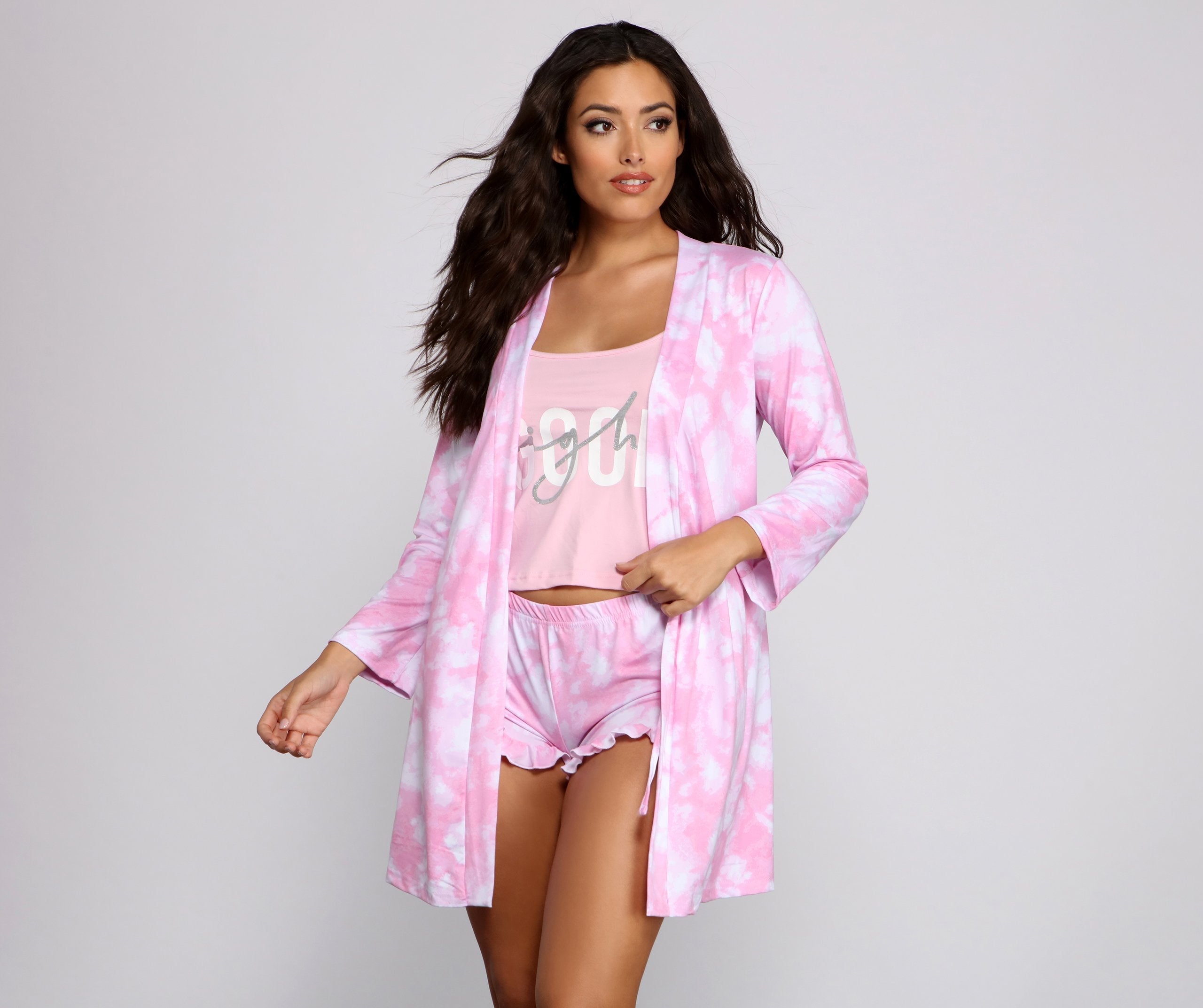 Cloud 9 Tie Dye Robe and Pajama Cami With Shorts Set - Lady Occasions