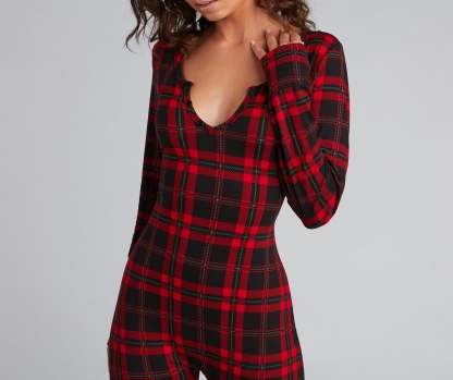 Plaid Pajama Romper And Socks Set - Lady Occasions