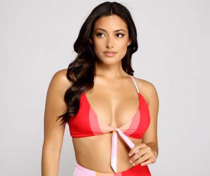 Color Block Tie Front Swim Top - Lady Occasions