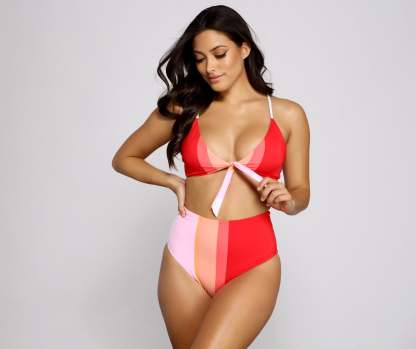 Color Block Tie Front Swim Top - Lady Occasions
