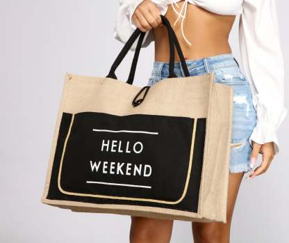 Hello Weekend Straw Tote Bag - Lady Occasions