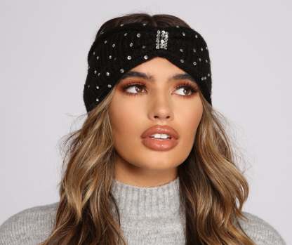 Rhinestone Bow Front Knit Headband - Lady Occasions