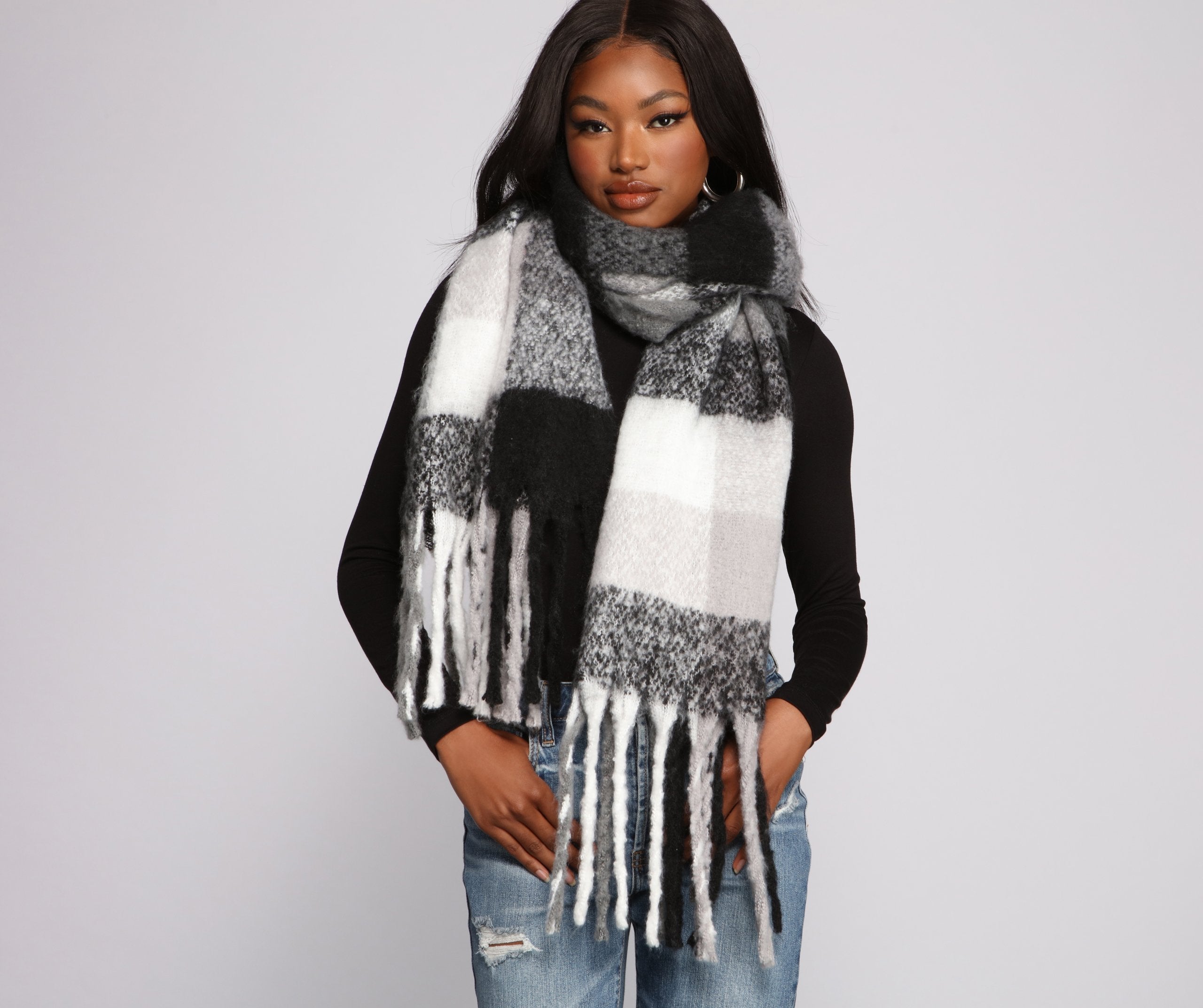Cuddle Weather Plaid Fringe Blanket Scarf - Lady Occasions
