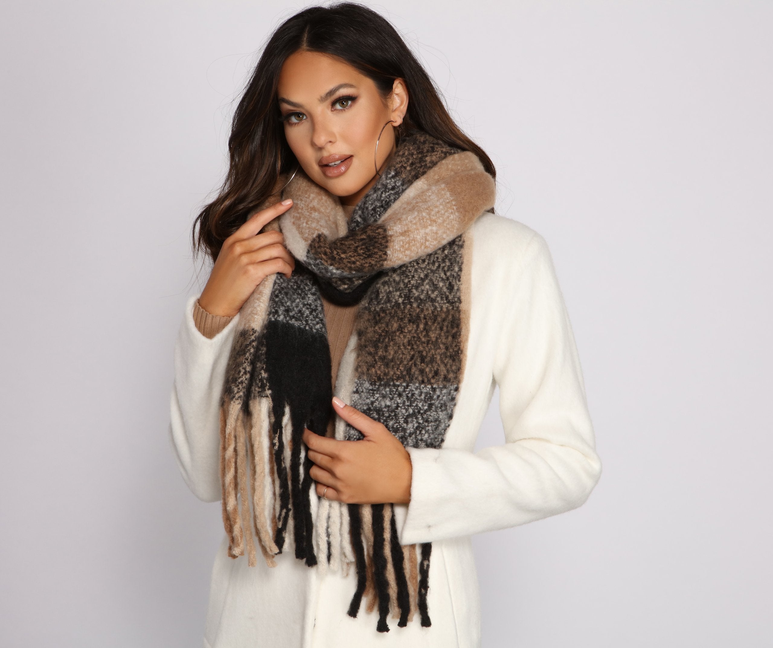 Cuddle Weather Plaid Fringe Blanket Scarf - Lady Occasions