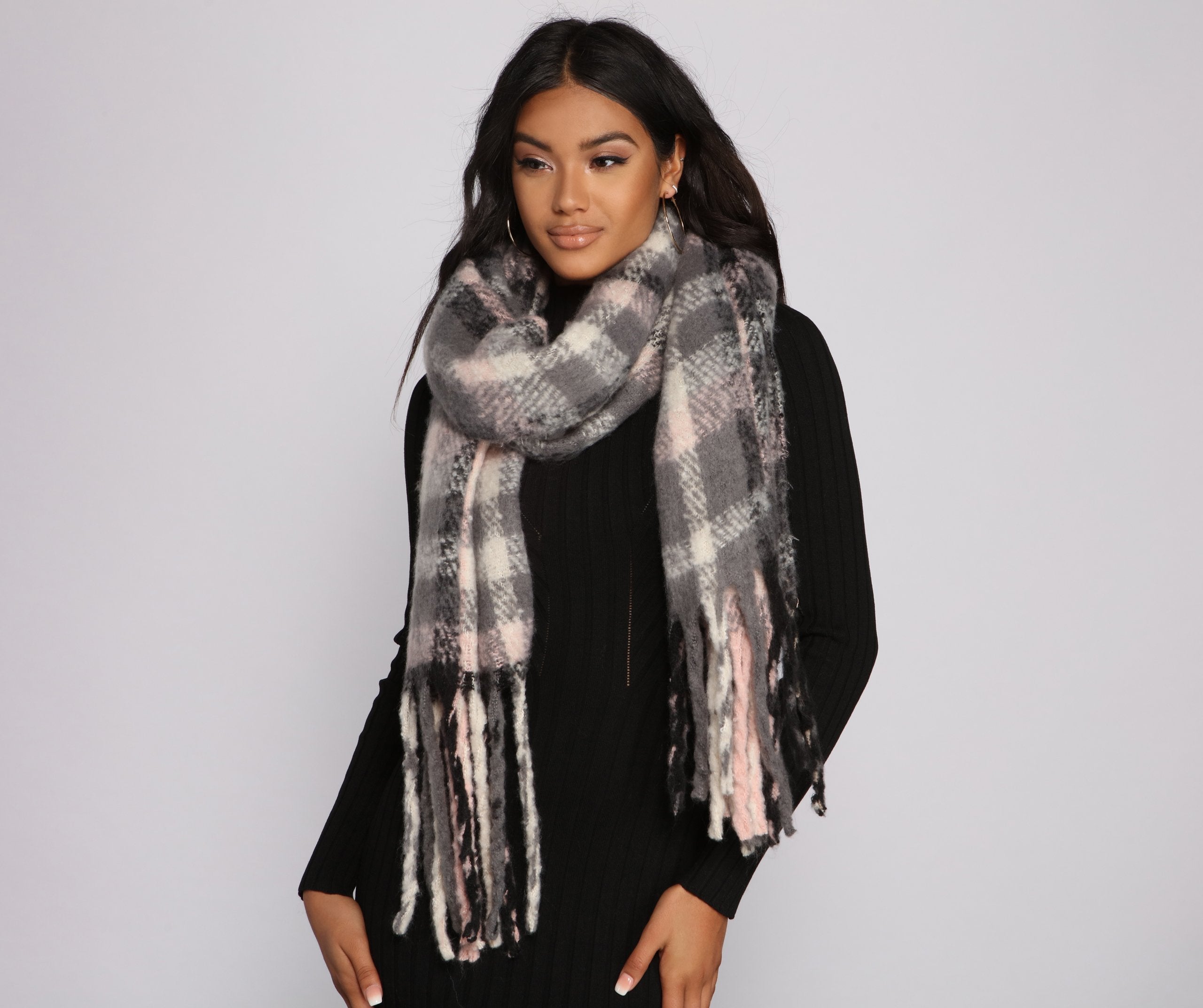 Cozy Plaid Fringe Blanket Scarf - Lady Occasions