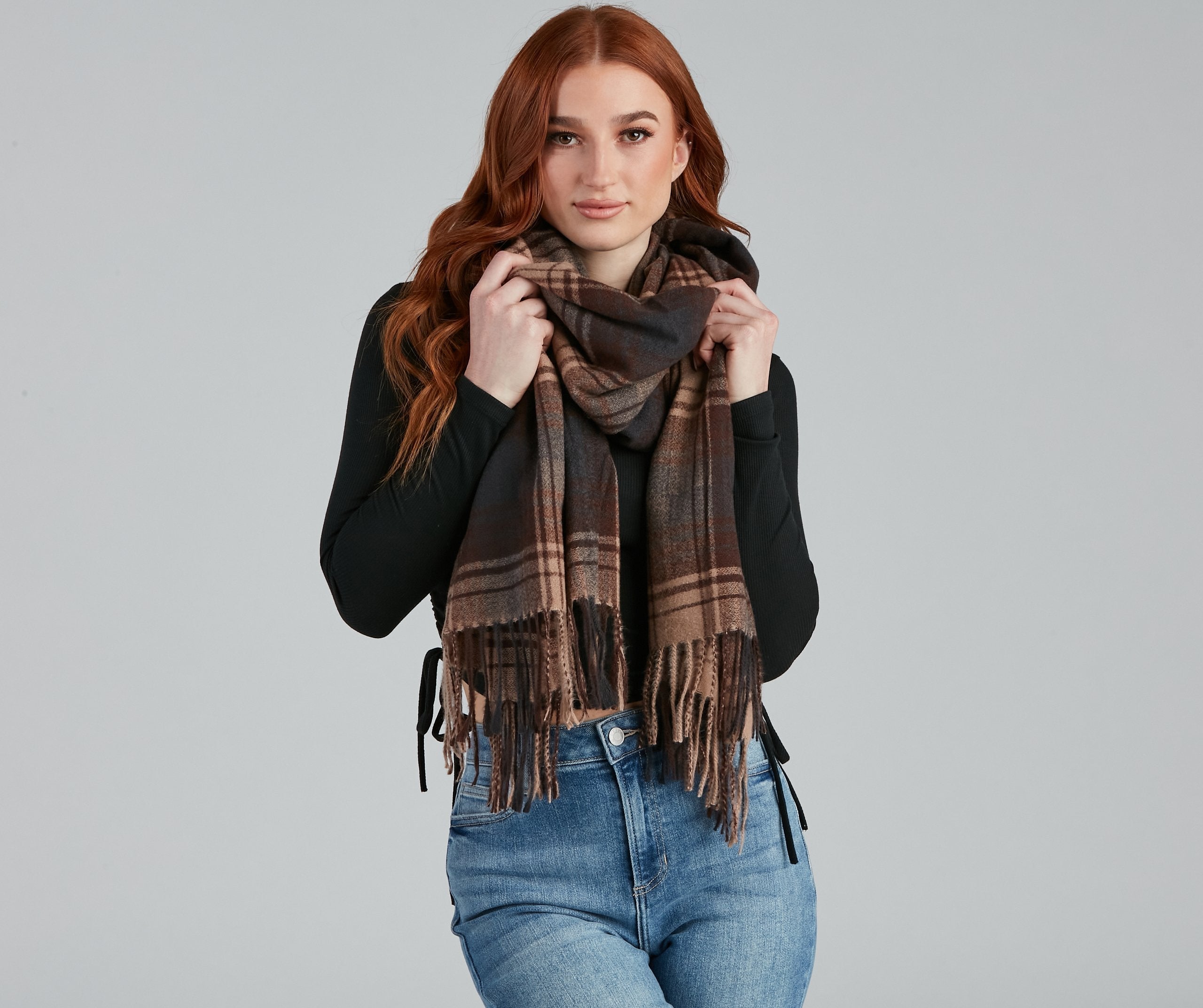 Weekend Cozy Plaid Fringe Scarf - Lady Occasions