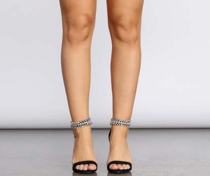 Metallic Rhinestone Leaf Block Heels - Lady Occasions