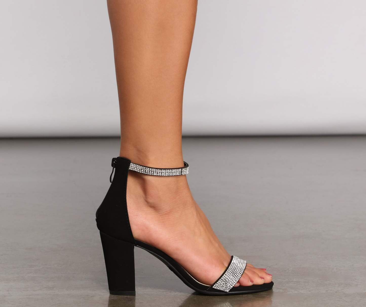 Glam Life Faux Suede Rhinestone Block Heels - Lady Occasions