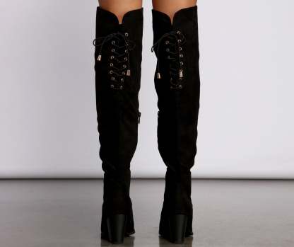 Faux Suede Lace-Up Stacked Heel Boots - Lady Occasions